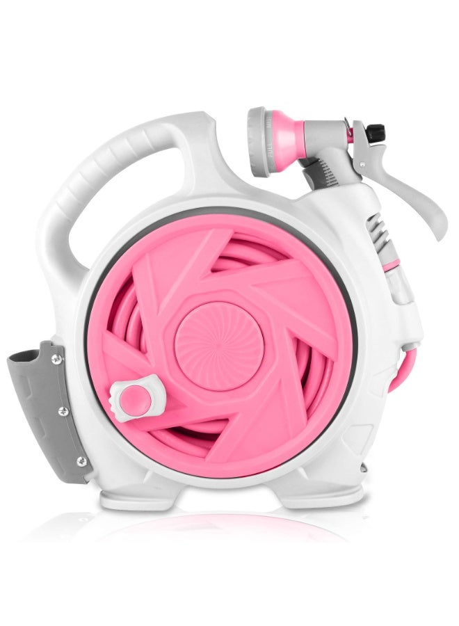 XiuWoo Mini Retractable Garden Hose Reel, Portable Simple Home 14m Hose Reel with 7 Adjustable Patterns Spray Nozzle Standard Connector, Watering Hose Reel for Gardens Yards and lawns Pink - Image 1