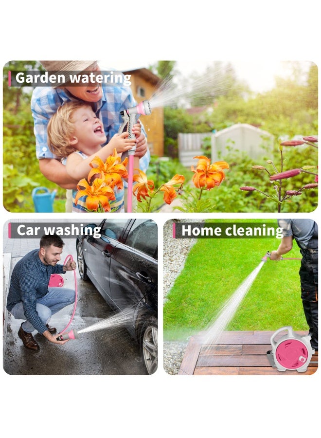 XiuWoo Mini Retractable Garden Hose Reel, Portable Simple Home 14m Hose Reel with 7 Adjustable Patterns Spray Nozzle Standard Connector, Watering Hose Reel for Gardens Yards and lawns Pink - Image 2