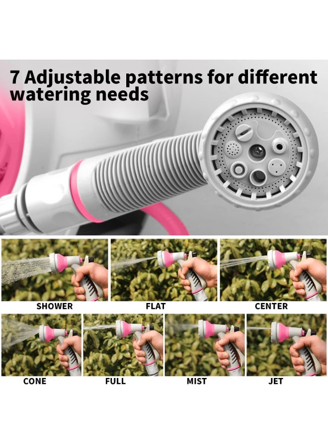 XiuWoo Mini Retractable Garden Hose Reel, Portable Simple Home 14m Hose Reel with 7 Adjustable Patterns Spray Nozzle Standard Connector, Watering Hose Reel for Gardens Yards and lawns Pink - Image 5