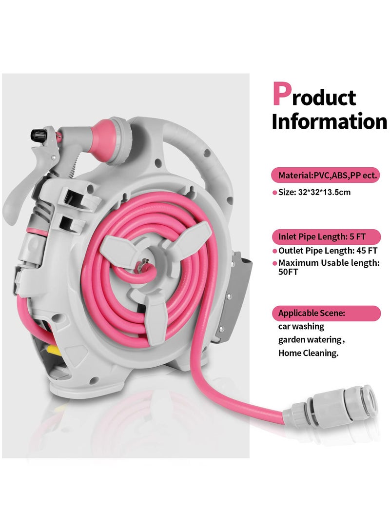 XiuWoo Mini Retractable Garden Hose Reel, Portable Simple Home 14m Hose Reel with 7 Adjustable Patterns Spray Nozzle Standard Connector, Watering Hose Reel for Gardens Yards and lawns Pink - Image 3