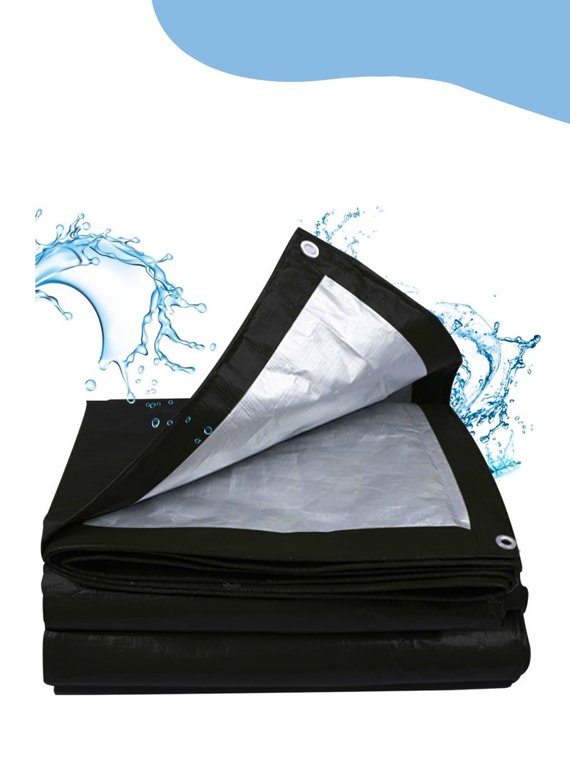 غطاء قماش مشمع شديد التحمل، سمك 220 جم/م²، مقاوم للماء، 3 × 4 م، سماكة 12 مل، مقاوم للتمزق والأشعة فوق البنفسجية، مزود بحلقات وحواف معززة، مناسب للحدائق الخارجية والسيارات والباحات والتخييم وحمامات السباحة (أسود). - Image 1