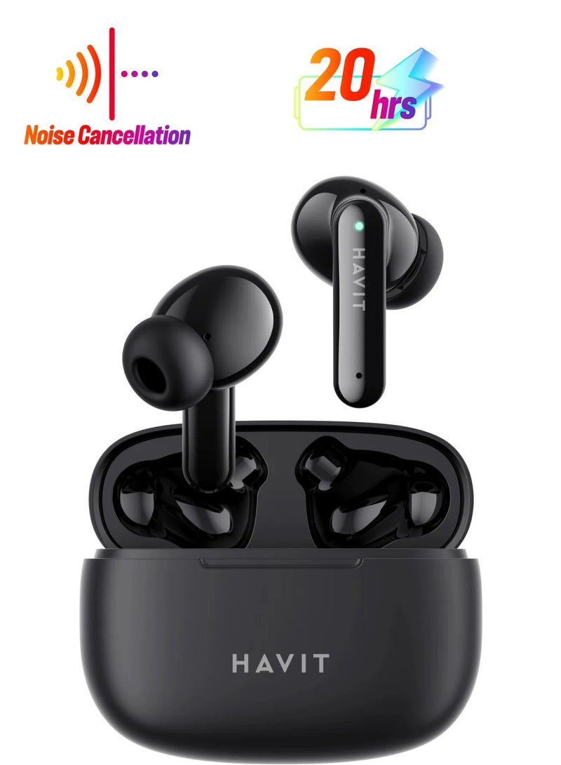 havit True Wireless Bluetooth V5.3 Earbuds, HiFi Stereo with Deep Bass, Smart Touch Control, 10mm Driver, Dual Microphones with ENC for Clear Calls, 20 Hours Playback, In-Ear Earphones, Compatible with iOS and Android Devices, Wireless Earphones for Music & Calls (Black) - Image 1