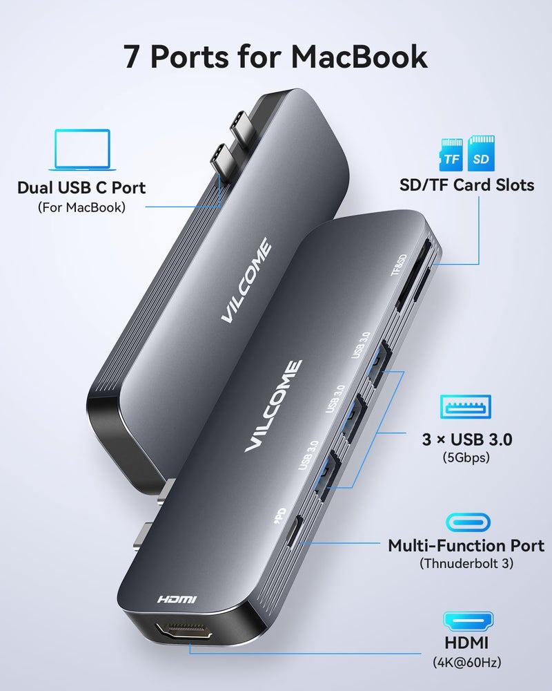 Vilcome USB C Adapter for MacBook Pro/Air M1 M2 M3 2023 2022 2021 2020 2019, 7-in-2 USB-C Hub MacBook Pro Accessories with Thunderbolt 3 PD Port, 4K@60Hz HDMI, 3 USB 3.0 Ports, TF/SD Card Reader - Image 2