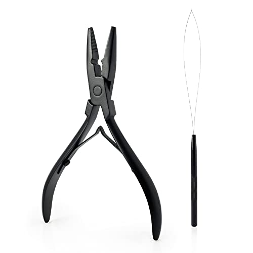 Gomake Hair Extensions Closed and Remover Pliers set Micro Silicone Rings Beads Hair Extensions Loop Needle Threader Pulling Hook Tool and Bead Device Tool for Hair or Feather Extensions Black