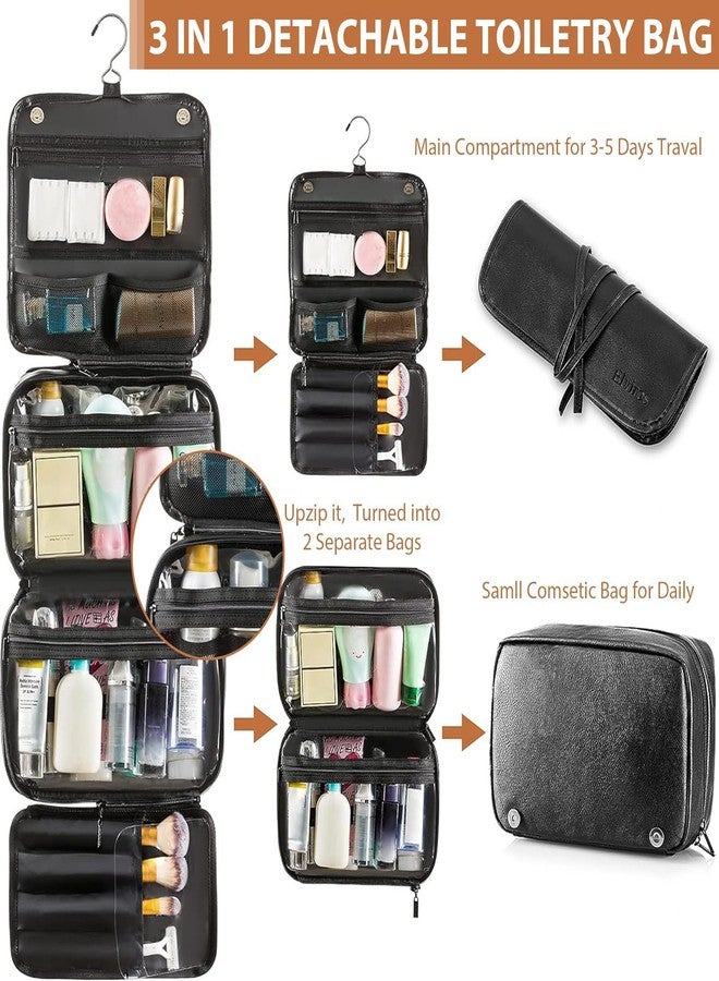 Elviros Hanging Toiletry Bag Removable Travel Bag PU leather Makeup Cosmetic Organizer Kit, Black - Image 2
