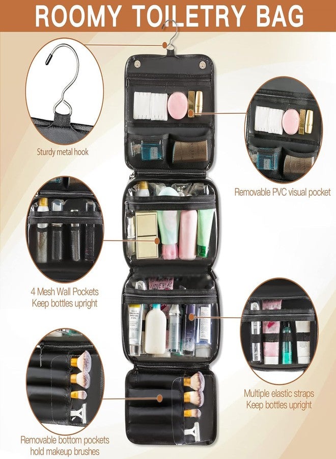 Elviros Hanging Toiletry Bag Removable Travel Bag PU leather Makeup Cosmetic Organizer Kit, Black - Image 4