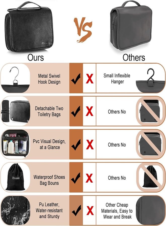 Elviros Hanging Toiletry Bag Removable Travel Bag PU leather Makeup Cosmetic Organizer Kit, Black - Image 5
