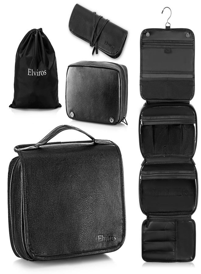 Elviros Hanging Toiletry Bag Removable Travel Bag PU leather Makeup Cosmetic Organizer Kit, Black - Image 1