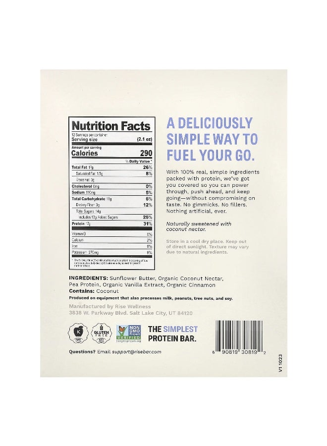 RiseBar Rise Bar, Protein Bar, Vegan Sunflower Cinnamon, 12 Bars, 2.1 oz (60 g) Each - Image 2