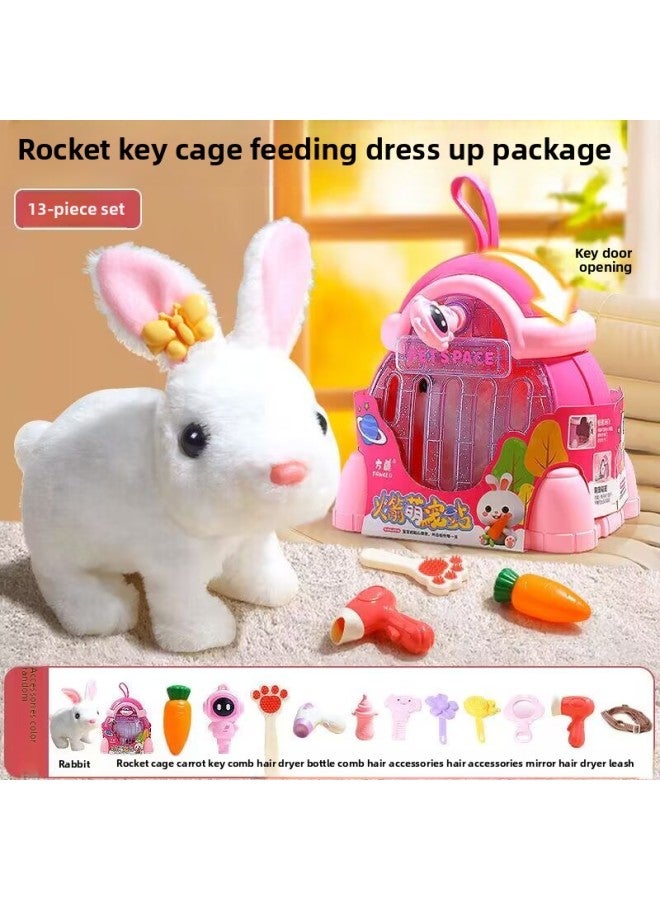 Children's Electric Simulation Small White Rabbit Will Call Girls Pet Doll Backpack Dog Gift Puzzle Plush Toy-Color:Rocket Pet White Rabbit 13-piece Set-Specifications:【Battery】 Play When You Get It - Image 1