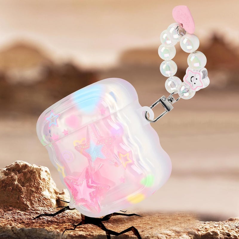 guppy Compatible for AirPods Case, Cute Clear 3D Glitter Stars with Lovely Colorful Round Bead Keychain for Women Girls Soft TPU Shockproof Protective Cover Case for AirPods 3-Pink Stars - Image 5