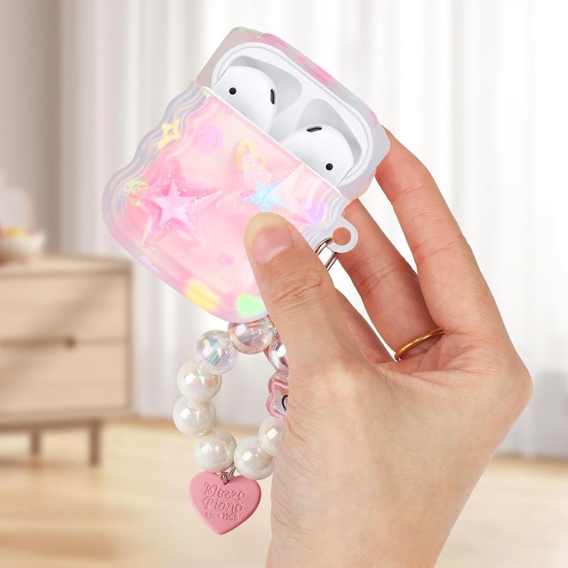 guppy Compatible for AirPods Case, Cute Clear 3D Glitter Stars with Lovely Colorful Round Bead Keychain for Women Girls Soft TPU Shockproof Protective Cover Case for AirPods 3-Pink Stars - Image 3