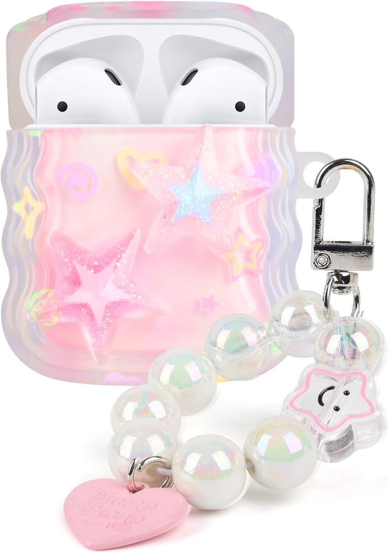 guppy Compatible for AirPods Case, Cute Clear 3D Glitter Stars with Lovely Colorful Round Bead Keychain for Women Girls Soft TPU Shockproof Protective Cover Case for AirPods 3-Pink Stars - Image 1
