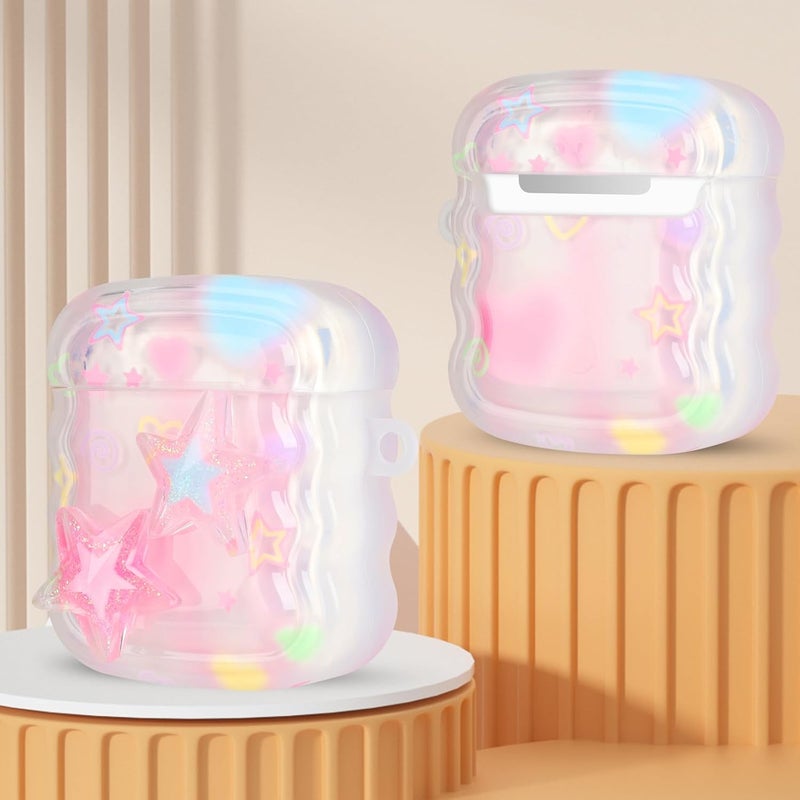 guppy Compatible for AirPods Case, Cute Clear 3D Glitter Stars with Lovely Colorful Round Bead Keychain for Women Girls Soft TPU Shockproof Protective Cover Case for AirPods 3-Pink Stars - Image 4
