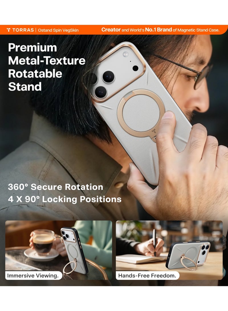 TORRAS iPhone 17 Pro Case Ostand Spin VegSkin Series (2025), Magnetic Stand, Premium Leather Touch, Ultra-Thin 360° Metal Stand, MagSafe Compatible, Anti-Stain Slim Lightweight Cover – - Image 4