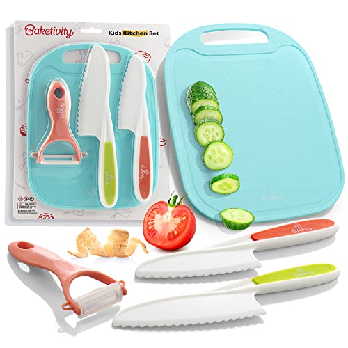 Baketivity Kid Safe Plastic Knives for Real Cooking with Cutting Board Peeler for Kitchen Knife Set with Blunt Tip Dishwasher Safe BPA Free Kids Knives for Cutting - Image 1
