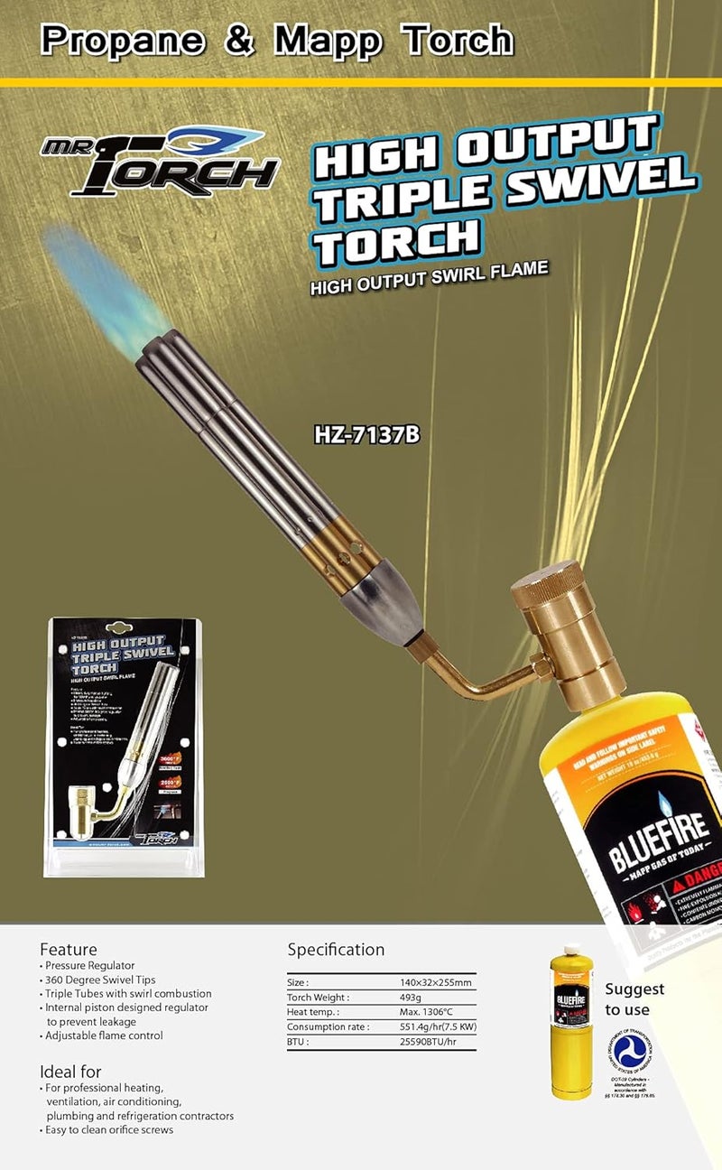 MR. Torch BLUEFIRE Triple Flame Barrel Turbo Torch Head High Output 25590 BTU Heavy Duty Gas Welding Nozzle Fuel by MAPP MAP Pro Propane Brazing Soldering Large Dia Pipes Flamethrower - Image 2