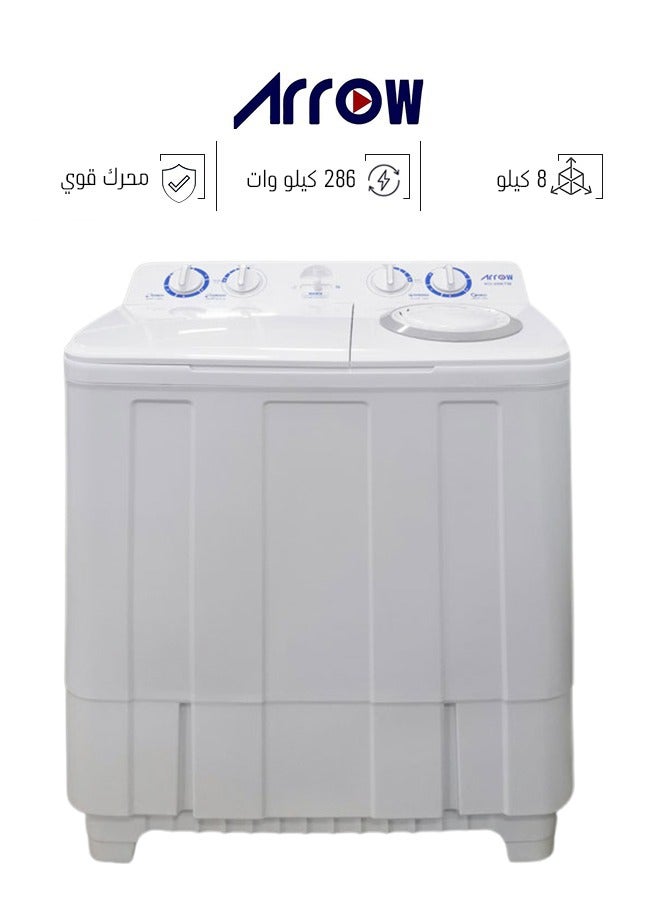 Arrow Twin Tub Semi Automatic Washing Machine - 8kg - White - RO-09KTM - Image 1