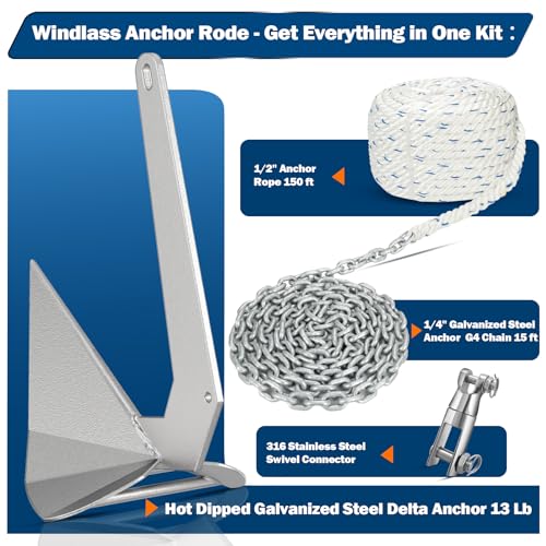 FUCNEN Boat Anchor Kit Hot Dipped Galvanized Steel Delta Anchor 13 Lb,1/2 Anchor Rope 150ft,1/4 G4 Galvanized Steel Marine Anchor Chain 15ft&Swivel,Windlass Anchor Rode-Rope/Chain Boat Anchor System - Image 2