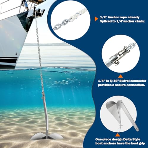 FUCNEN Boat Anchor Kit Hot Dipped Galvanized Steel Delta Anchor 13 Lb,1/2 Anchor Rope 150ft,1/4 G4 Galvanized Steel Marine Anchor Chain 15ft&Swivel,Windlass Anchor Rode-Rope/Chain Boat Anchor System - Image 4