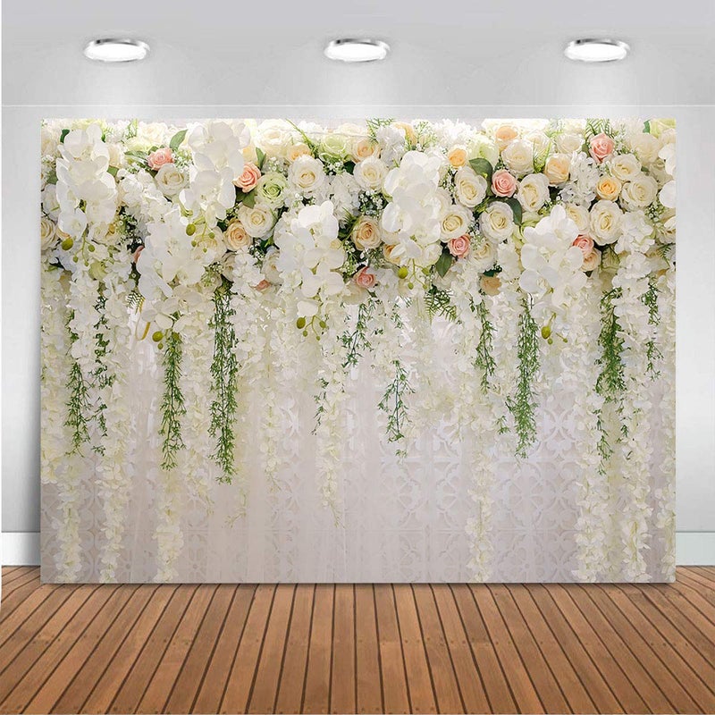 Mocsicka Wedding Flower Backdrop Wall Floral Bridal Shower Backdrops for Photoshoot Wedding Decoration for Reception White Rose Floral Photography Background Banner8x6ft