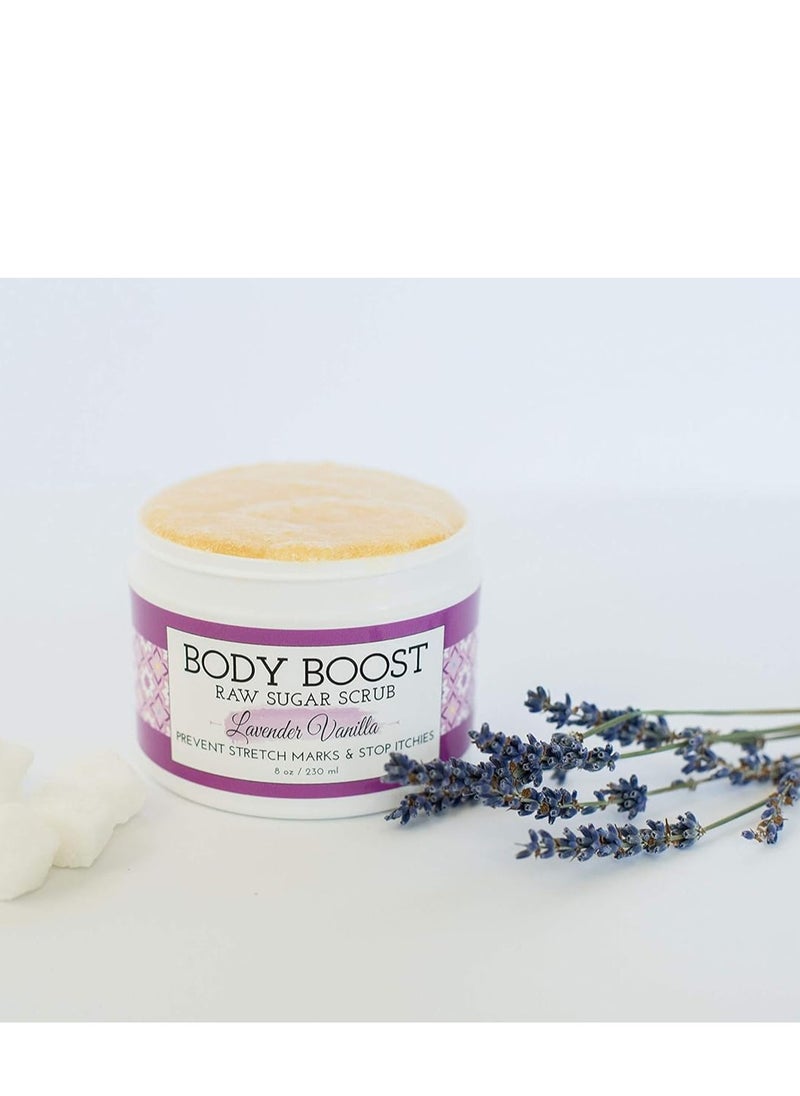 Body Boost - Body Boost Lavender Vanilla Raw Sugar Scrub 8 oz- Help Treat Dry Skin Stretch Marks and Scars- Pregnancy and Nursing Safe- Allergen Free- Vegan - Image 1