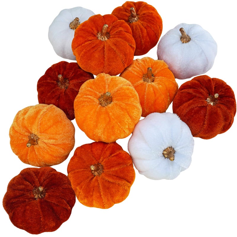 Winlyn 12 Pcs Assorted Small Harvest Faux Velvet Pumpkins Decorative Fabric Pumpkins Foam Pumpkins in Rust Orange White for Fall Wedding Halloween Thanksgiving Table Centerpiece Mantel Farmhouse D?cor - Image 1