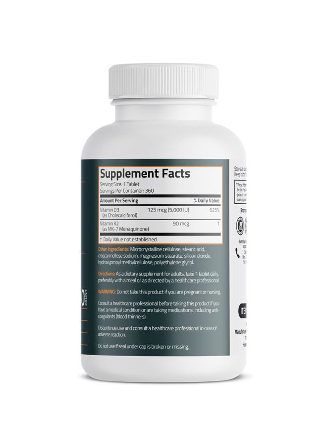 Bronson مكمل فيتامين K2 D3 (MK7) صيغة غير معدلة وراثيًا فيتامين D3 5000IU (125 ميكروغرام) و 90 ميكروغرام K2 MK-7، سهل البلع D & K معقد، 360 قرص - Image 2