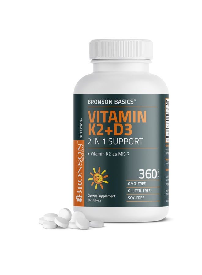 Bronson مكمل فيتامين K2 D3 (MK7) صيغة غير معدلة وراثيًا فيتامين D3 5000IU (125 ميكروغرام) و 90 ميكروغرام K2 MK-7، سهل البلع D & K معقد، 360 قرص - Image 1