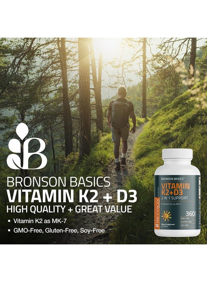 Bronson مكمل فيتامين K2 D3 (MK7) صيغة غير معدلة وراثيًا فيتامين D3 5000IU (125 ميكروغرام) و 90 ميكروغرام K2 MK-7، سهل البلع D & K معقد، 360 قرص - Image 3