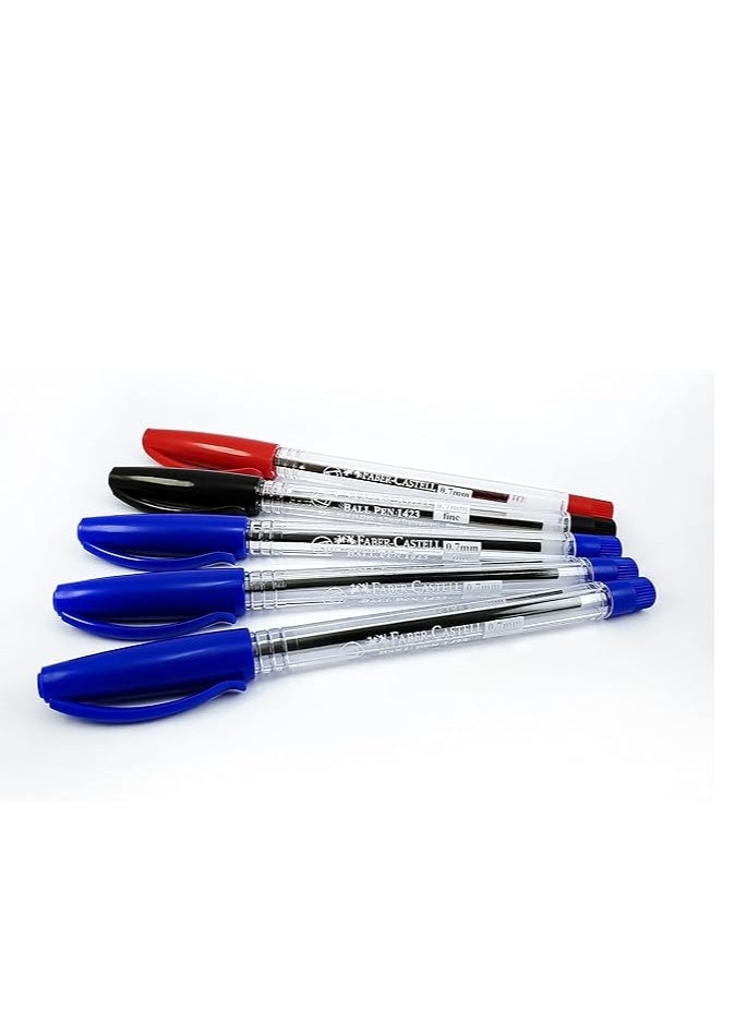 FABER-CASTELL - Faber-Castell 1423 Ball Pen 0.7Mm Blister Of 5Pc Assorted (3 Blue + 1 Black Red) - Image 1