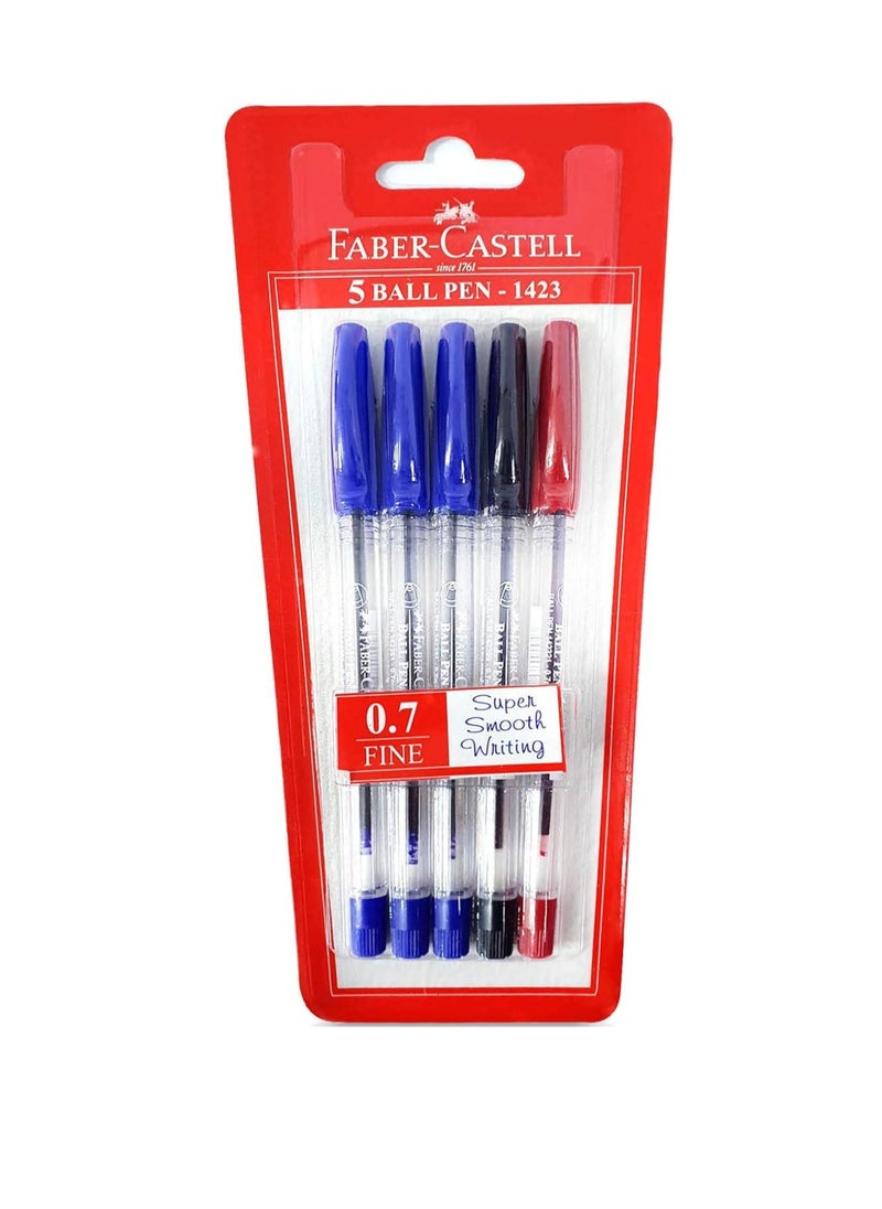 FABER-CASTELL - Faber-Castell 1423 Ball Pen 0.7Mm Blister Of 5Pc Assorted (3 Blue + 1 Black Red) - Image 1