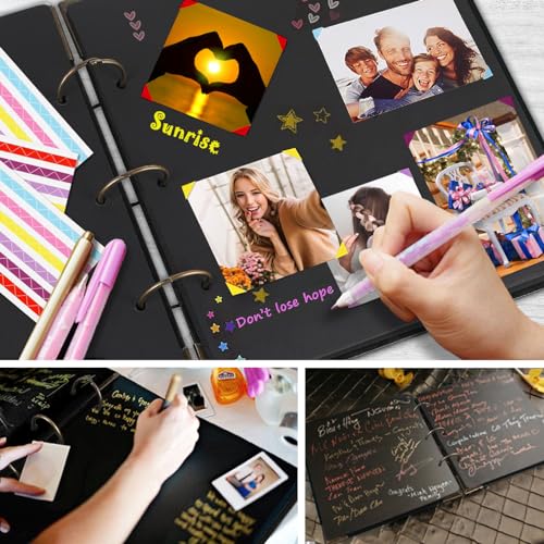 ADVcer Photo Album DIY Scrapbook, 10x10 inch 50 Pages Double Sided, Vintage Hardcover Three-Ring Binder Picture Booth Albums with 6 Colors 408pcs Self Adhesive Photos Corners for Memory Keep (Black) - Image 5