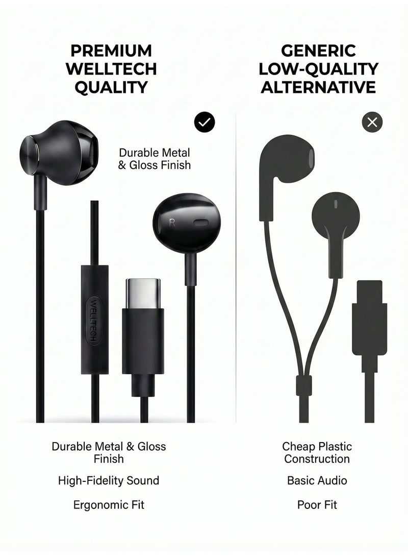 WELLTECH Type C Wired Earphones with Mic Pure Voice Clear Calling USB C Headphones Noise Isolation In Ear Headset for Android Samsung Gaming Meetings WELLTECH STONE02 - Image 5