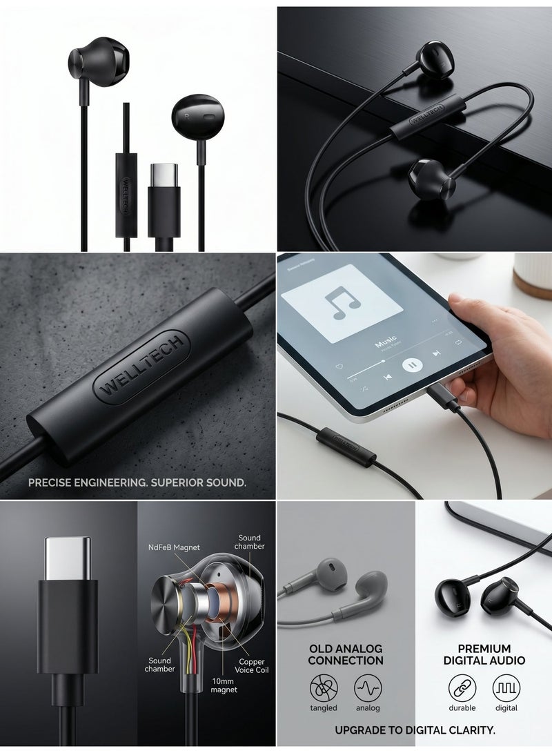 WELLTECH Type C Wired Earphones with Mic Pure Voice Clear Calling USB C Headphones Noise Isolation In Ear Headset for Android Samsung Gaming Meetings WELLTECH STONE02 - Image 2