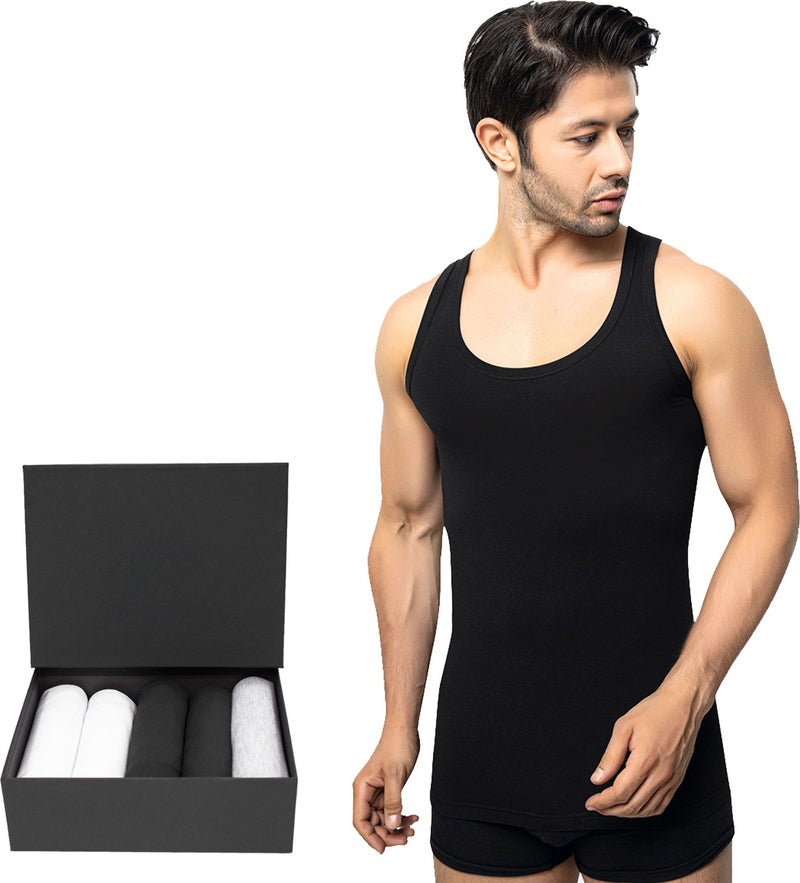 TS Men's 100% Cotton Undershirt 5-Piece Set, Comfortable Fit, Black Premium Special Box, Underwear, Underwear - Image 1