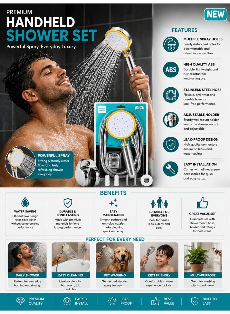 طقم رأس دش يدوي عالي الضغط باللونين الأصفر والفضي الكرومي مع خرطوم من الفولاذ المقاوم للصدأ وحامل جداري - طقم رش دش للحمام مع أنبوب مرن وسهل التركيب - Image 2