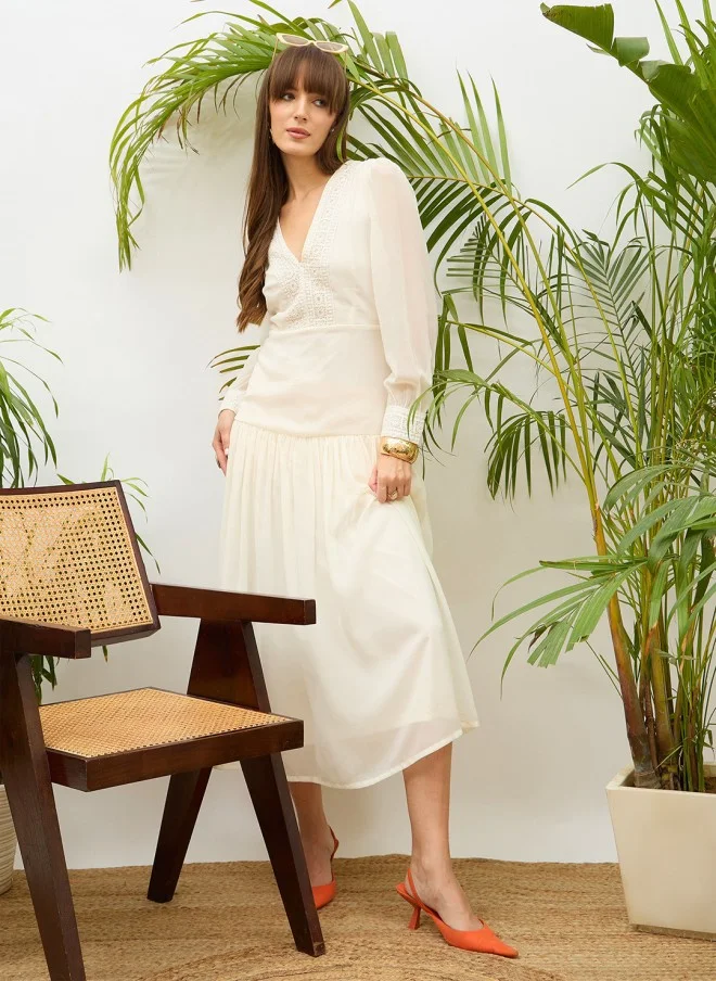 SASSAFRAS Off White Fit & Flare Maxi Dress for Women