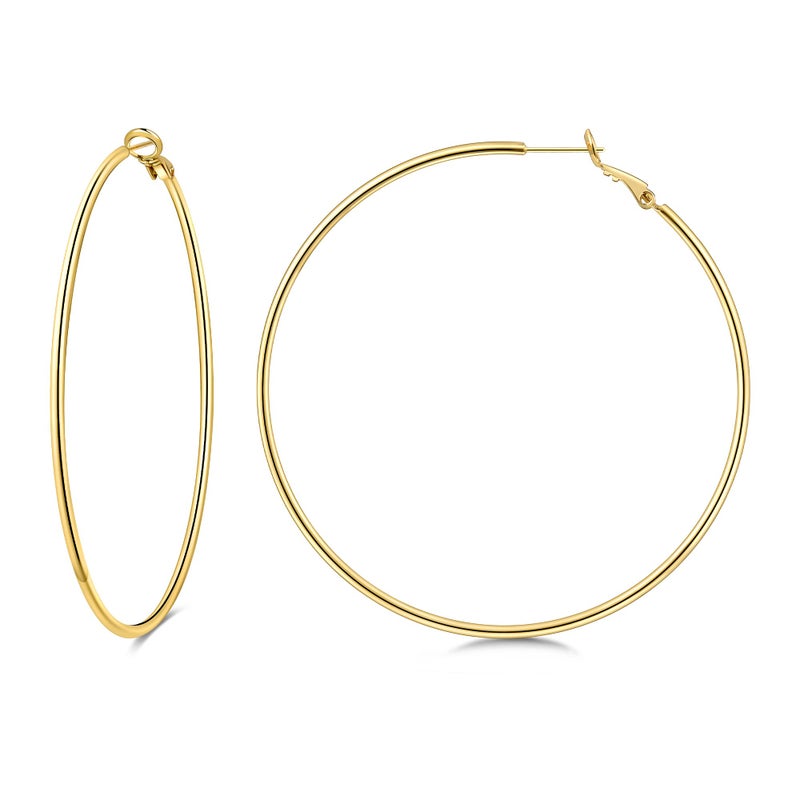 Gacimy Large Big Hoop Earrings for Women 14K Gold Plated, 925 Sterling Silver Post Hoops for Women, 70mm Yellow Color Earrings - Image 1