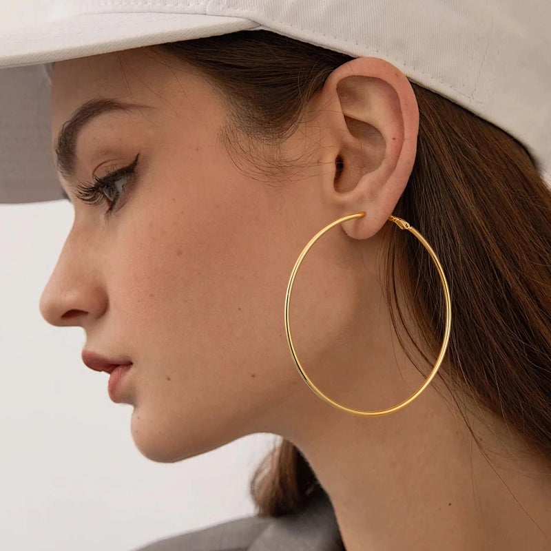 Gacimy Large Big Hoop Earrings for Women 14K Gold Plated, 925 Sterling Silver Post Hoops for Women, 70mm Yellow Color Earrings - Image 4