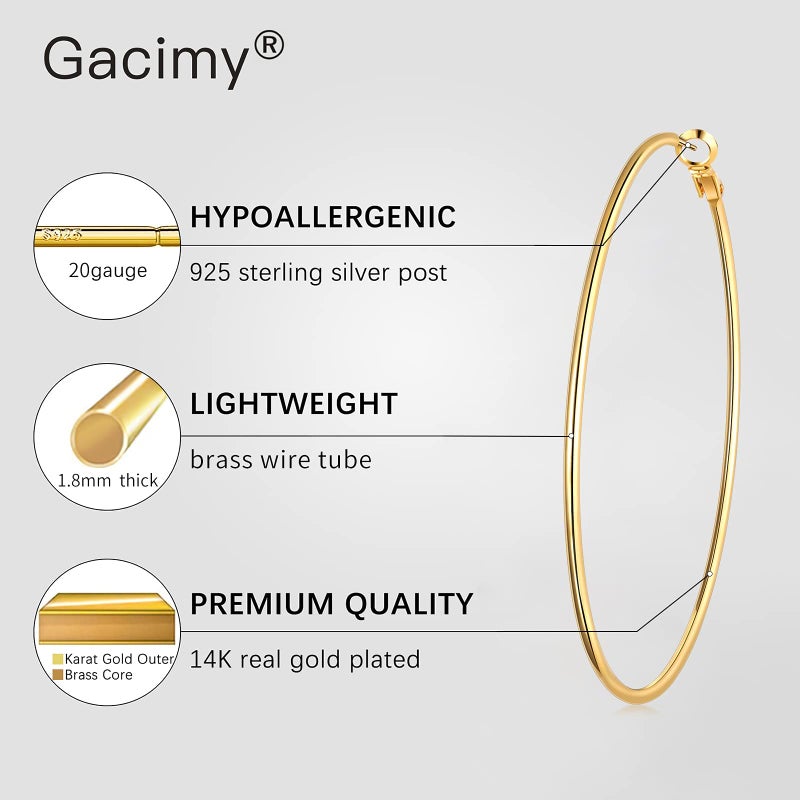 Gacimy Large Big Hoop Earrings for Women 14K Gold Plated, 925 Sterling Silver Post Hoops for Women, 70mm Yellow Color Earrings - Image 2