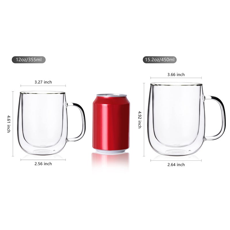 CNGLASS Large Double Wall Glass Coffee Mug 15.2oz,Clear Insulated Glass Espresso Cup with Big Handle,set of 2 - Image 2