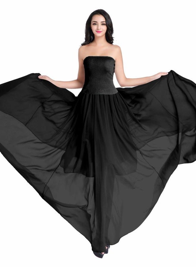 v28 Women Full/Ankle Length Elastic Pleated Retro Maxi Chiffon Long Skirt, Black, L - Image 2