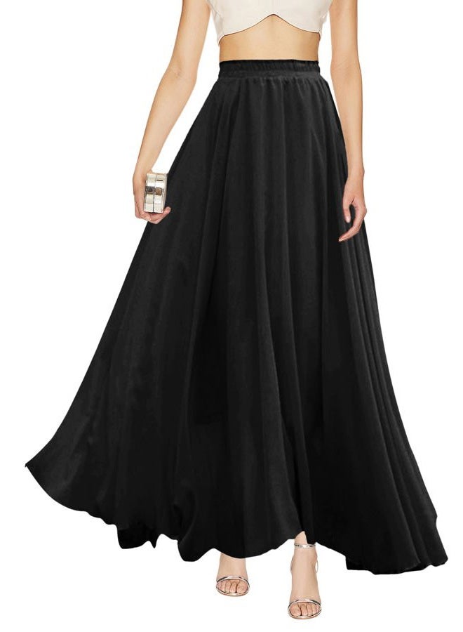 v28 Women Full/Ankle Length Elastic Pleated Retro Maxi Chiffon Long Skirt, Black, L - Image 1