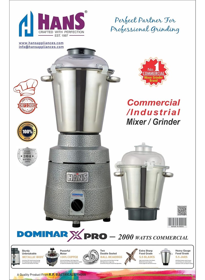 هانس HANS Dominar X Pro 2000 Watts 2.8 HP Commercial Mixer Grinder With 2 Jar Heavy Duty Black Grey - Image 4