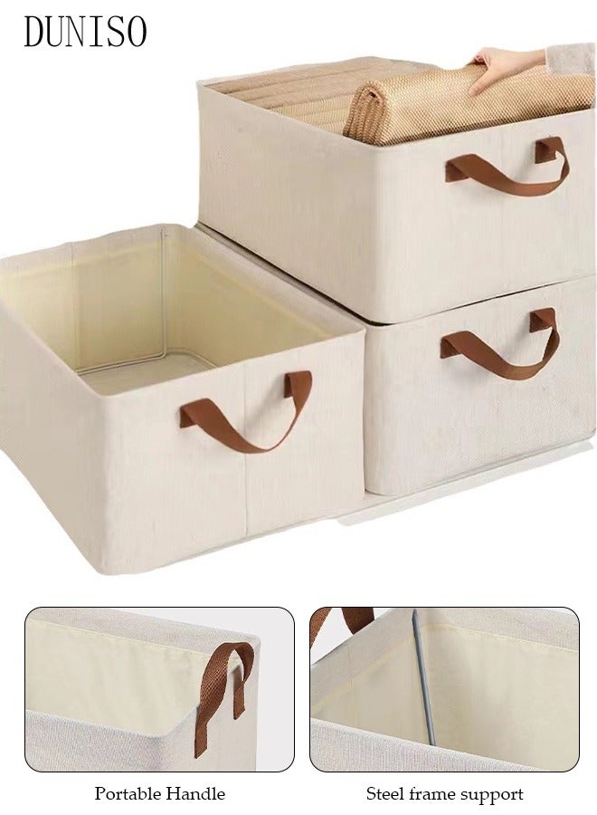 Wardrobe organizer 3 pieces, foldable fabric wardrobe clothing storage box with sturdy handles, 35L large capacity shelf storage basket, metal frame storage box for storing clothes and toys
