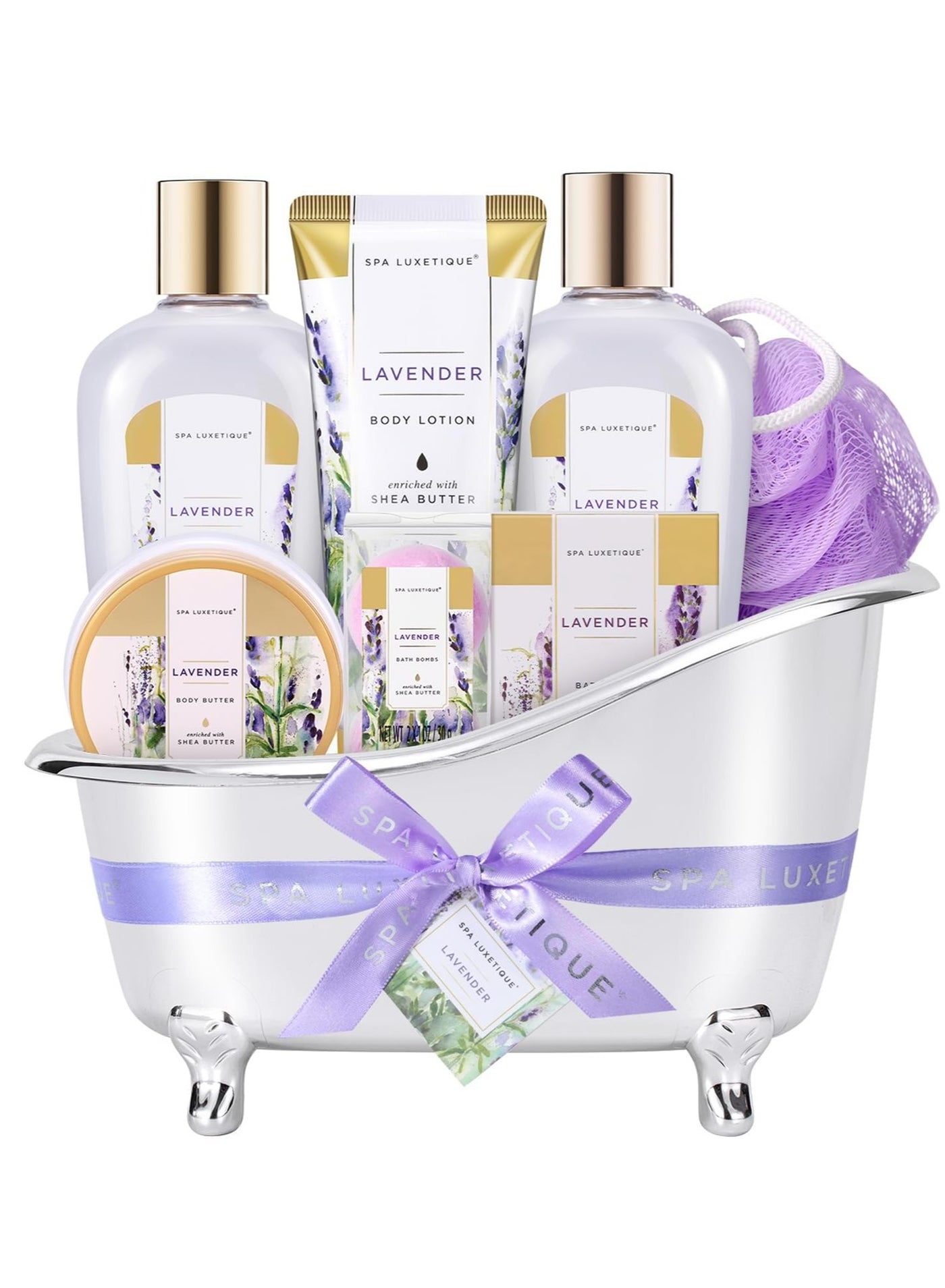 Spa Luxetique Spa Gift Basket Lavender Fragrance, Luxurious 8pc Gift Baskets for Women, Cute Bath Tub Holder, Best Holiday Gift Set for Women Includes Shower Gel, Bubble Bath, Body Butter & More