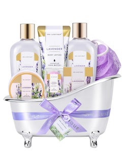 spa luxetique Spa Luxetique Spa Gift Basket Lavender Fragrance, Luxurious 8pc Gift Baskets for Women, Cute Bath Tub Holder, Best Holiday Gift Set for Women Includes Shower Gel, Bubble Bath, Body Butter & More  - Image 1