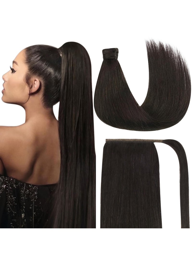 Ve Sunny - Ve Sunny Brown Clip in Hair Extensions Ponytail Wrap Around Silky Straight 16inch Remy Human Hair Ponytail Extensions Solid Dark Brown Hair Extensions Pony Tail 80g - Image 1