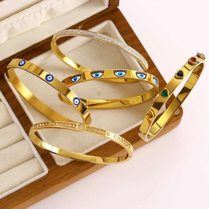 ofeankri European and American Style Stainless Steel Bracelet Set with Devil's Eye, Diamond-Inlaid Heart Design, Colorfast Open Cuff - Wholesale - Image 2